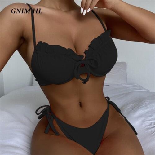 GNIM Sexy Drawstring Bikini Swimwear Women Push Up 2021 Summer Solid Ruffle Swimsuit Female Bandage Brazilian Biquini Swim Suit