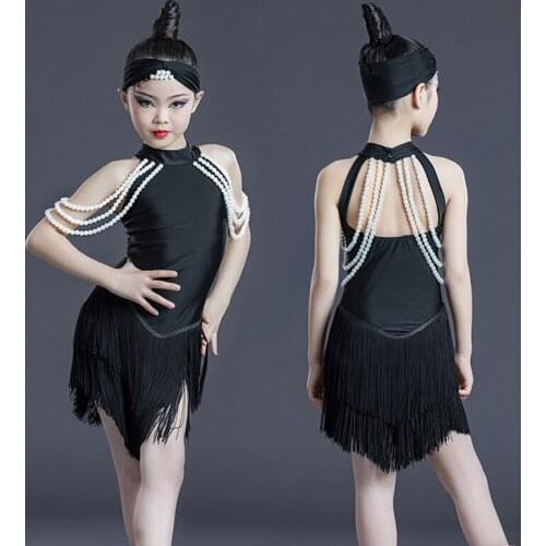 Summer Latin Dance Dress For Girls Children Latin Dance Practice Clothes Black Sleeveless Pearl Dress Performance Clothes DN7987