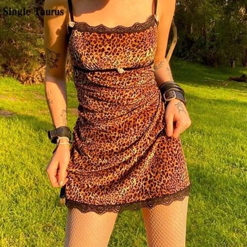 Mini Dress Female Leopard Print Lace Sheath Dress Streetwear Slim Skinny Vestido De Mujer Slash Spaghetti Strap Bodycon Dress