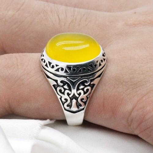 Turkey Jewelry Black Ring Men Light-weight 6g Real 925 Sterling Silver Mens Rings Natural Agate Stone Vintage Cool Fashion