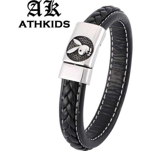 Punk Black Leather Braided Bracelet Men Jewelry Stainless Steel Rabbit Bangles Magnetic Buckle Leather Wristband Gifts PD0357