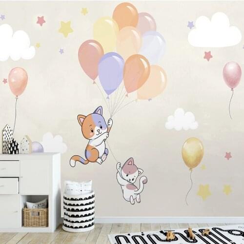 Cartoon Hot Air Balloon Wallpaper Custom 3D Wall Mural Hand-painted Kitten Clouds Children Bedroom Birthday Decor Painting Photo