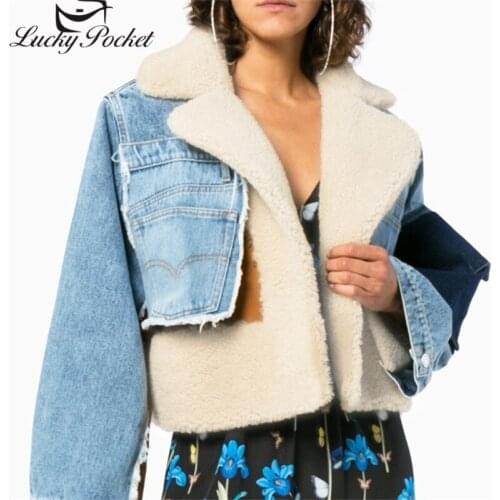 New Women Autumn Winter Blue Patchwork Denim Lamb Fur Coats Ladies Plus Size Outerwears Female Brand Casual Thick Parkas ZM755