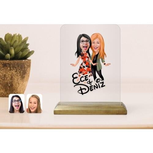 Personalized Sisters Caricature Of Wooden Standing Çerçeve-2