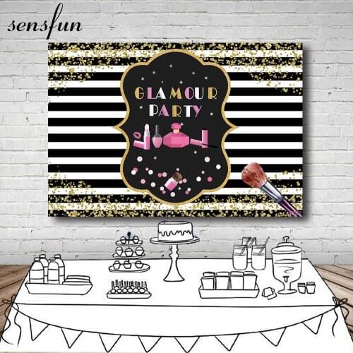 Sensfun Makeup Girls Glamour Party Backdrops White Black Stripes Gold Glitter Dots Dress Up Birthday Photography Backgrounds