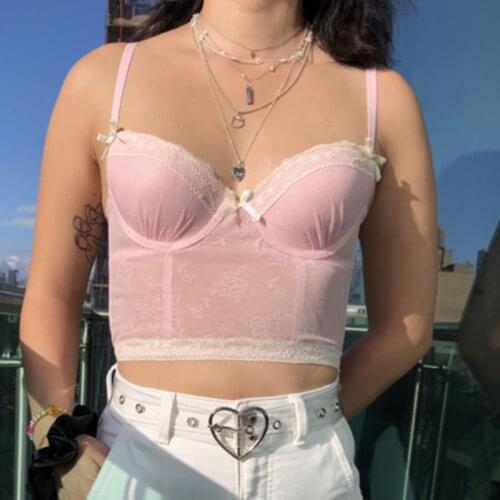 SEASONS Floral Cute Pink Mesh Crop Top Women Summer Sexy Sleeveless Milkmaid Top Fashion Backless Spaghetti Strap Top ASVE83292