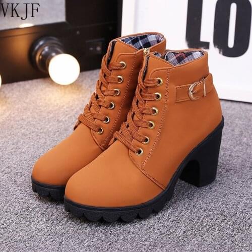 Ankle Boots for Women 2021 New Elegant Square Heel Shoes Woman High Heel Solid Vintage Boots Women Lace-up Ladies Shoes