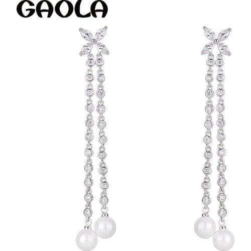 GAOLA Luxury Flower Shiny Pave Micro Pave Setting Cubic Zirconia Earrings Imitation Pearls Dangle Earring