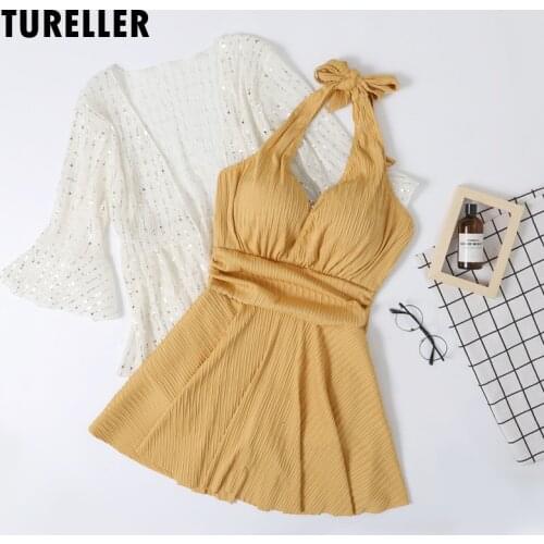 Sexy Swimming Suit Women One Piece Yellow Halter V-neck Slimming Swimsuit Push Up Solid Skirt Swimwear Plus Size Female Holiday