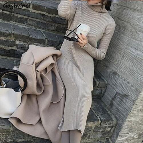 Women Long Sleeve Dress Office Lady Sheath Sexy Solid Fashion Simple Korean Style Elegant High Elasticity All-match Knitting New