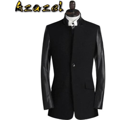 Winter new Brand mens stand collar single breasted black Business casual Fashion jacket men woolen stitching leather suit coat