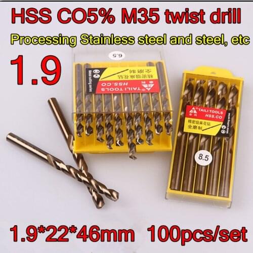 1.9*22*46mm 100pcs/set HSS CO5% M35 Containing cobalt twist drill Processing Stainless steel and steel, etc Free shipping