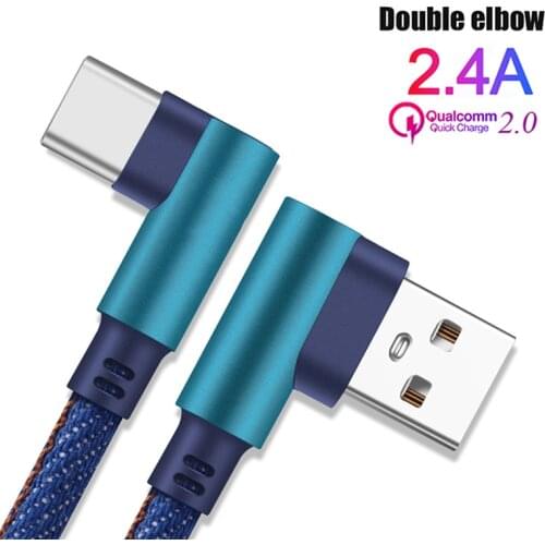 2.4A Fast Charging USB Cable For iPhone Huawei Xiaomi Mi9 Type C Micro USB 0.25M 1M 2M Cord Mobile Phone Charger 90 Degree Cable