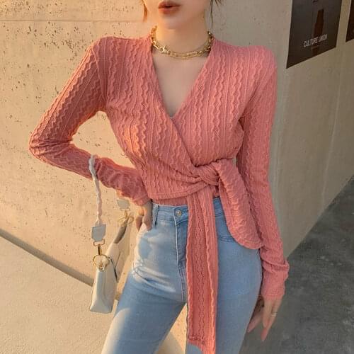 2021 Long Sleeve Fur V-neck Wrapped Bandage Sexy Crop Tops Autumn Women Streetwear Club Party Outfits T-Shirts A110