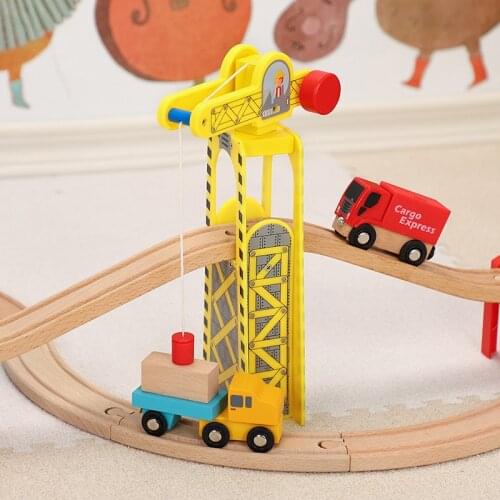 Tower crane toy magnetic compatible wooden small train track accessories children train transport track educational toy