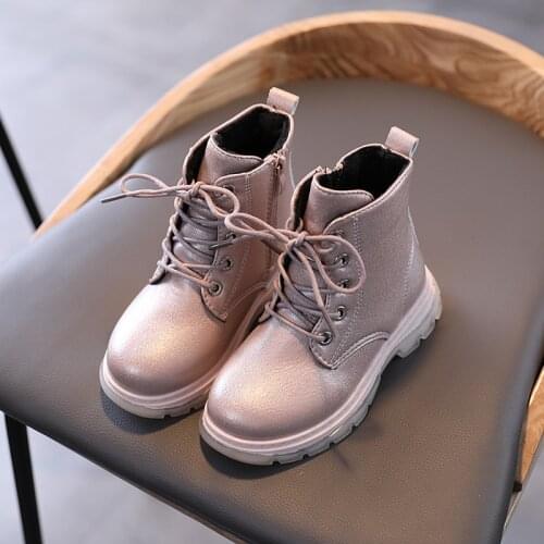 Childrens Martin Boots Girls Lace-up Ankle Boot Kids Fashion Leather Shoes For Autumn Winter British style Pink Beige 3-12T