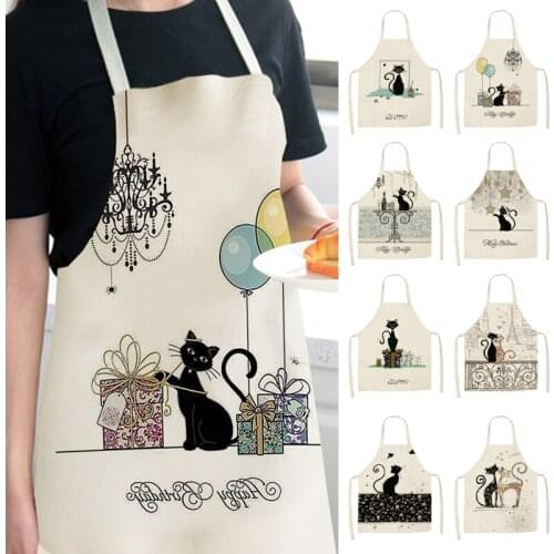 1 Pc Cartoon Animal Black Cat Pattern Kitchen Aprons for Women Cafe Apron Cotton Linen Sleeveless Apron Cooking Accessories