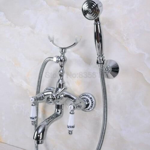 Chrome Polished Bathroom Tub Faucet W/Hand Shower Sprayer Clawfoot Mixer Tap Wall Mounted tna244