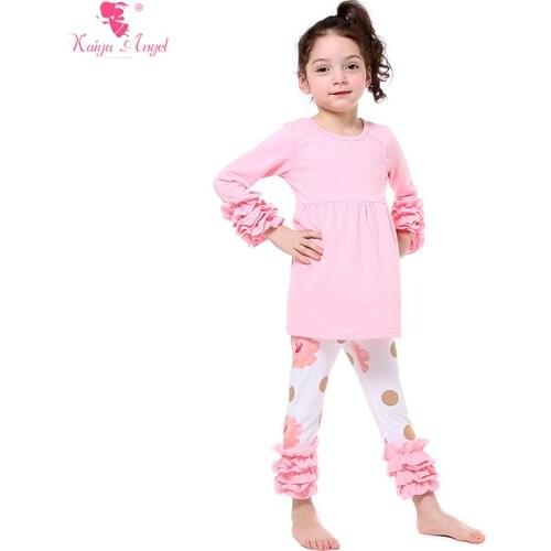 Kaiya Angel Girls Boutique Outfits 2017 Boutique Outfits Girls Children Clothing Ruffles Pink Shirt Leggings Pants 2 Pcs Suit