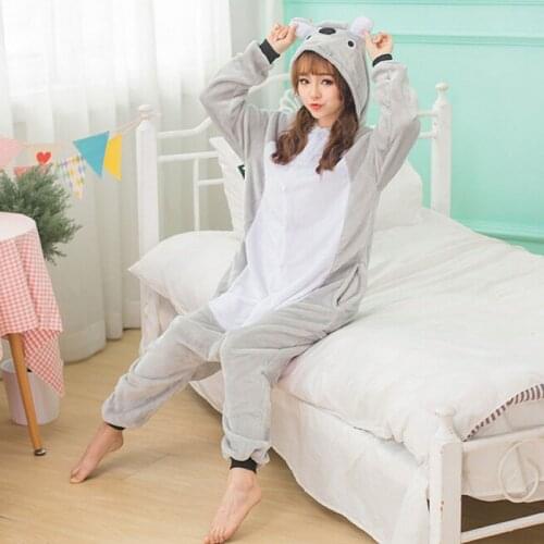 Koala Kigurumis Women Cute Kawaii Onesie Animal Pajama Adult Overalls Festival Party Suit Winter Sleepwear Gray Soft Flannel