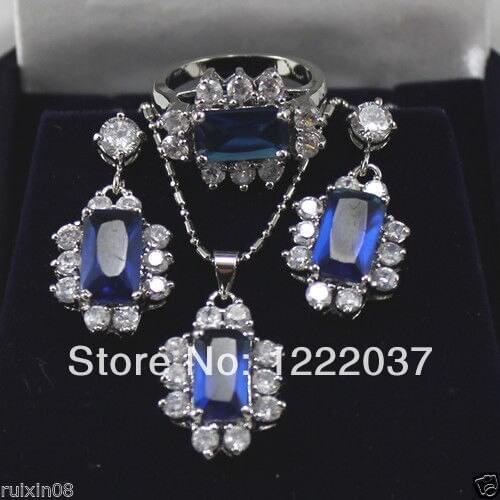 NEW Set blue crystal zircon pendant necklace earring ring