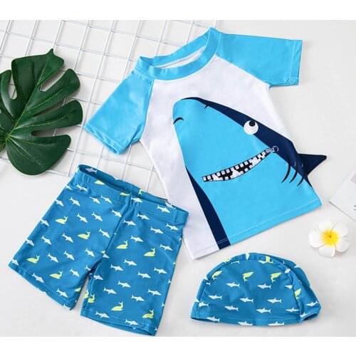 Summer Toddler Infant Kids Baby Boys Cartoon Sharks +Shorts+Hat Swimwear Swimsuit Rash Guards Sets maillot de bain enfant#G4