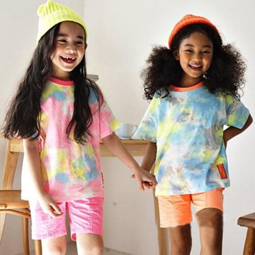 Korean Style Girls Clothing 2021 Summer New Girls T-shirts Tie Dyed Short Sleeve Fashion Casual Cotton Thin Tee Sister Outfits