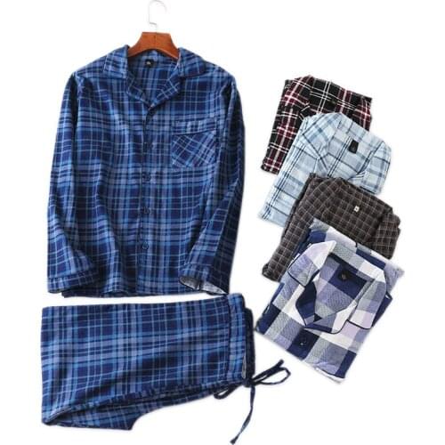 Casual plaid 100% brushed cotton pajama sets men Long sleeve plus size pajamas Korea fashion pyjamas men sleepwear homewear
