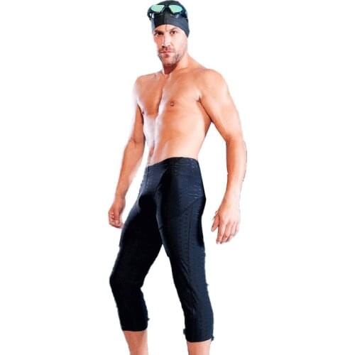 Sharkskin Striped Mens Swimming Trunks Class Training Swimsuit Seven Points Sexy Over The Knee Long Mens Pants
