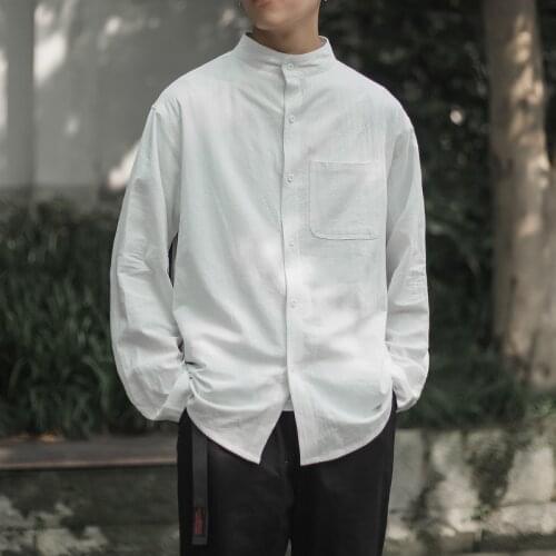 Harajuku Mens Long Sleeve Shirts Fashion Stand Up Collar Korean Style Man Shirt New Autumn Solid Color Male Oversized Blouses