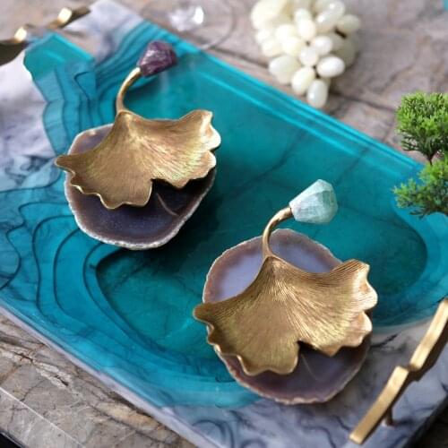 Modern Gold BrassGinkgo Biloba With Agate Tray Figurine Ornaments Office Home Decor Accessories Luxtry Art Ashtray Craft Gift