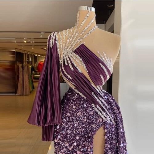 Sparkling Purple Prom Dresses One Shoulder Front Split Custom Made High Neck Crystals Mermaid Real Imge Women Pageant Gowns 2021