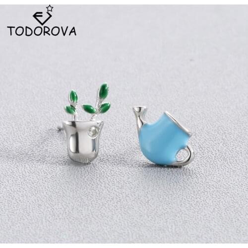 Todorova Cute Small Asymmetric Watering Pot Potted Plant Stud Earrings for Women Flower Earrings Statement Jewelry