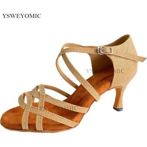 2021 Latin Dance Shoes Women Performance Sparkly Gold Dancing Shoes Ballroom Shoes 7cm heel Sandals Soft Salsa Dance Shoes