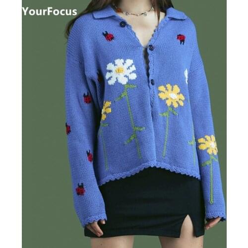 Korean Fashion Y2k Kawaii Gilet Femme Tops Violet Daisy ladybug Crochet Cardigan Mujer Sweater Loose Knitting Long Sleeve Top