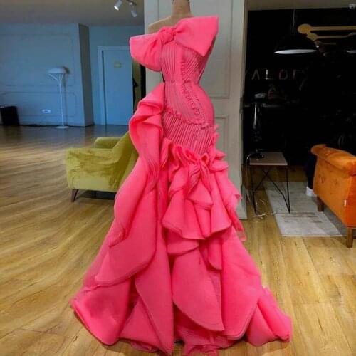 Hot Pink Ruffles Mermaid Prom Dresses 2021 Real Image Elegant Long Prom Gowns Big Bow Fashion Formal Party Dress