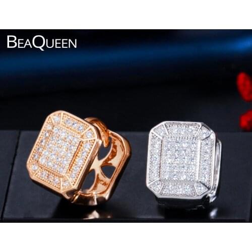 BeaQueen Noble Designer Women Square Engagement Cute Stud Earrings 585 Gold and Silver Color Fashion Jewelry Accessories E422