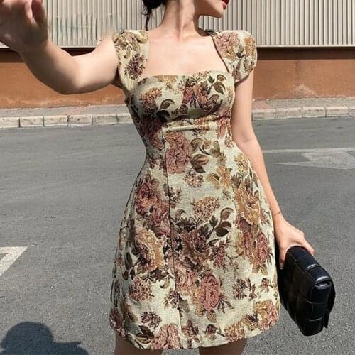 Floral Prined Womens Mini Dress Summer Y2K Skinny Sexy Outfits Retro Harajuku Casual Short Sleeve Fashion Dresses