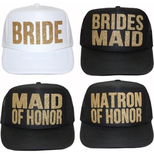 Customize gold glitter wedding bridesmaid Matron Maid of honor Bachelorette Mesh Trucker Snapback trucker hats caps party favors