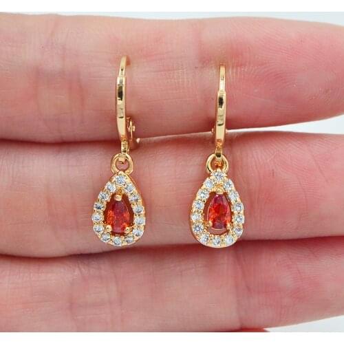 Gold Color Red Cubic Zirconia Small Sweet Cute Teardrop Dangle Earrings for Women