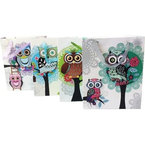 10 Pcs/lot Upscale Paper Bags Multi-function With Ribbon Handle 3D Owl Print Recyclable Environment-friendly Bags 26*12*32cm