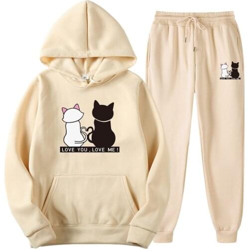 2021 Autumn Cat Printing Women Tracksuit Fashion 2 Pcs Sportswear Two Piece Sets Hoodie+Pants Suits Winter Clothing