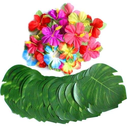 BMBY-60 Pcs Tropical Party Decoration Supplies 8 inch Tropical Palm Monstera Leaves and Hibiscus Flowers, Simulation Leaf for