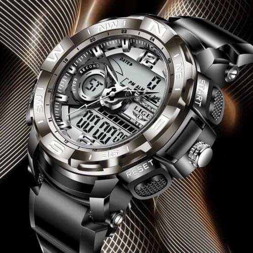 Mens Watches LIGE Sport Men Quartz Wristwatch Creative Diving Waterproof Alarm Watch Dual Display Clock Relogio Masculino +Box