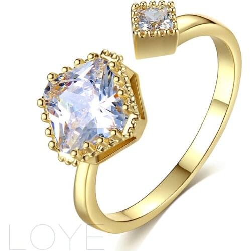 Two heads double square shape zirconia rings open mouth resizable copper material silver and gold color rings for women