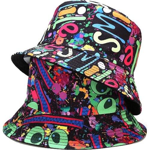 Rainbow Letter Graffiti Bucket Hats For Women Men Outdoor Reversible Summer Fisherman Hat Harajuku Hip Hop Cap