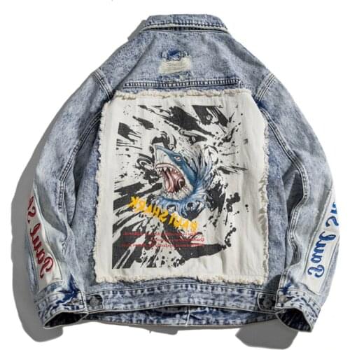 2021 Spring Autumn New Denim Jacket Men Shark Print Retro Hole Patch Designs Leisure Cowboy Casual Loose Outerwear