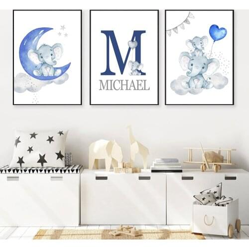Custom Poster Nursery Prints Blue Baby Personalized Boyls Name Wall Art Canvas Painting Pictures Elephant Animal Wall Art