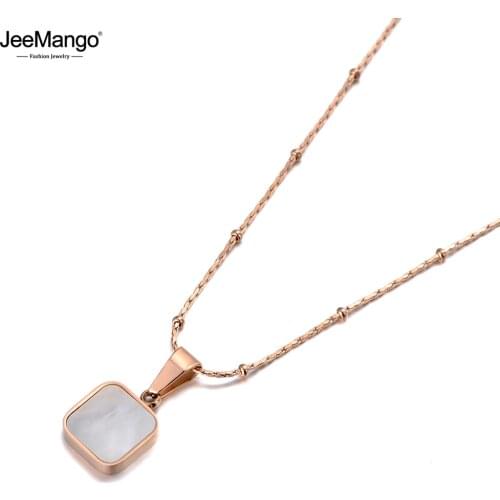 JeeMango Rose Gold White Shell Square Pendant Necklaces For Girls Titanium Stainless Steel Female Chain Choker Necklace JN19145