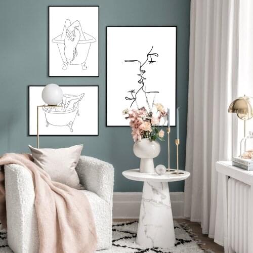 Printable A Reading Girl in Bathtub Black White Wall Art Print Painting Nordic Poster Woman Line Picture Modern Living Room Deco